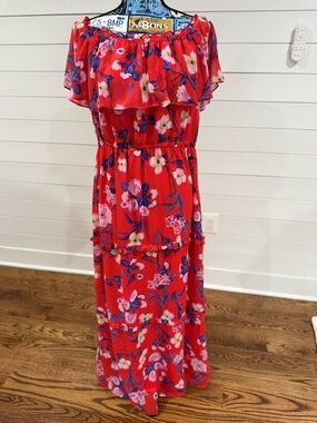 K Studio Collection Bright Red Floral Off-Shoulder Maxi Dress